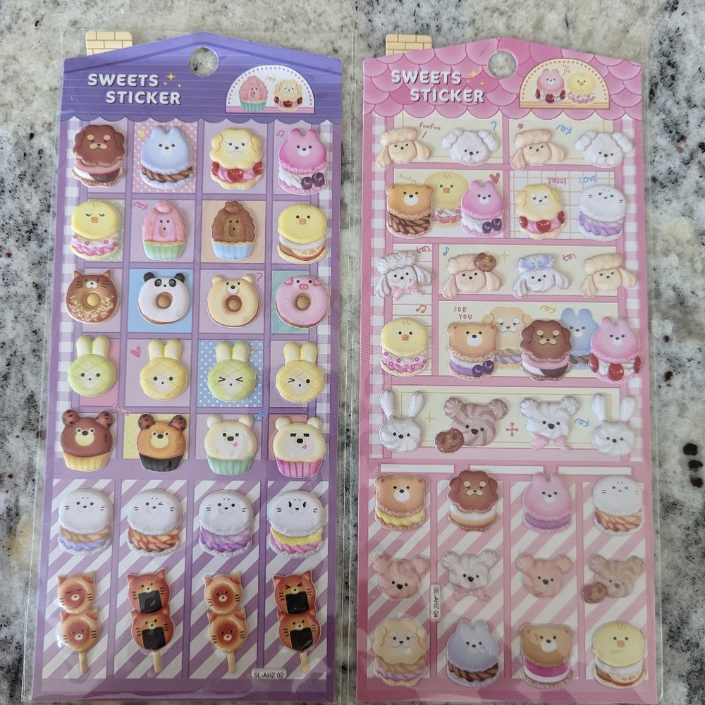 2 Pack Dessert Cake Donut Animals 3D Puffy Stickers